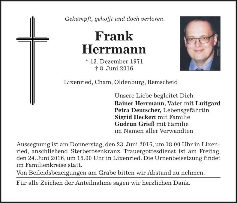 Traueranzeige Frank Herrmann
