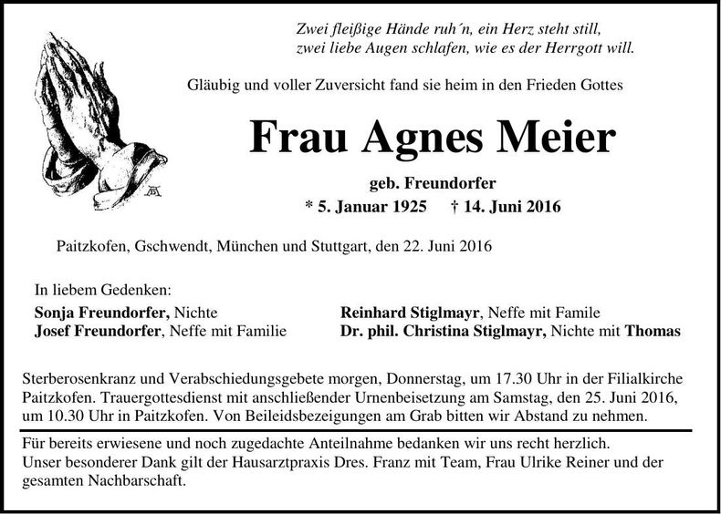 Traueranzeige Agnes Meier