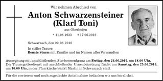 Traueranzeige Anton Schwarzensteiner (Klarl Toni)