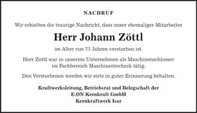 Traueranzeige Johann Zöttl