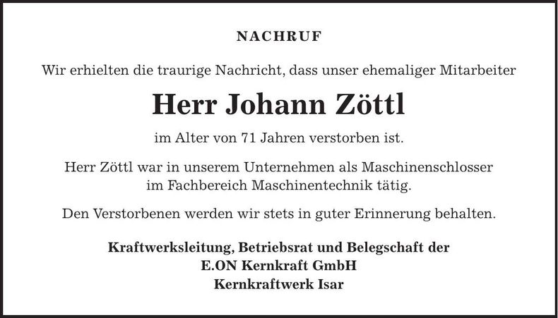 Traueranzeige Johann Zöttl