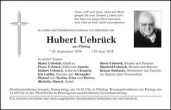 Traueranzeige Hubert Uebrück