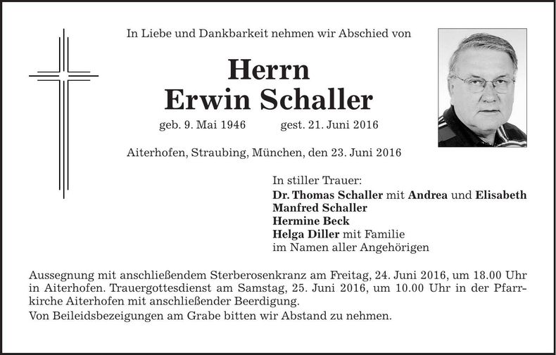 Traueranzeige Erwin Schaller