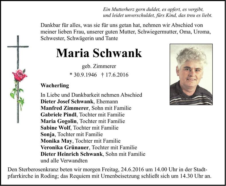 Traueranzeige Maria Schwank