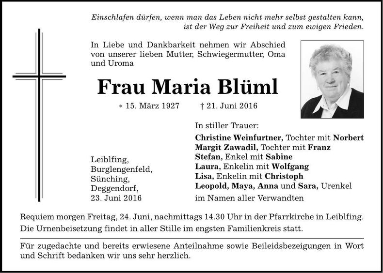 Traueranzeige Maria Blüml