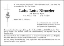 Traueranzeige Luise Lotte Niemeier