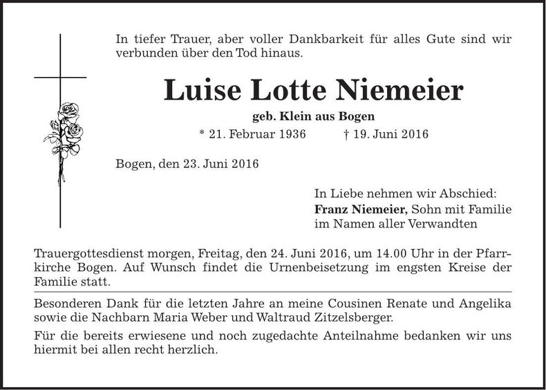 Traueranzeige Luise Lotte Niemeier