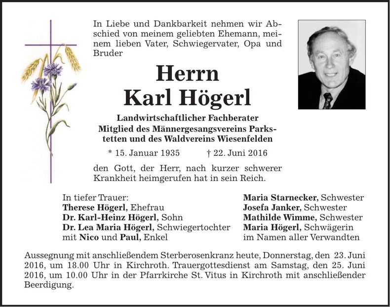 Traueranzeige Karl Högerl