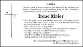 Traueranzeige Irene Maier