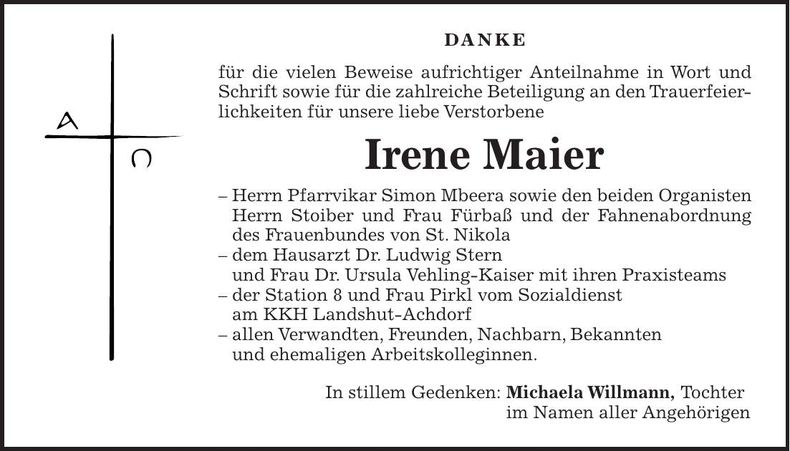 Traueranzeige Irene Maier