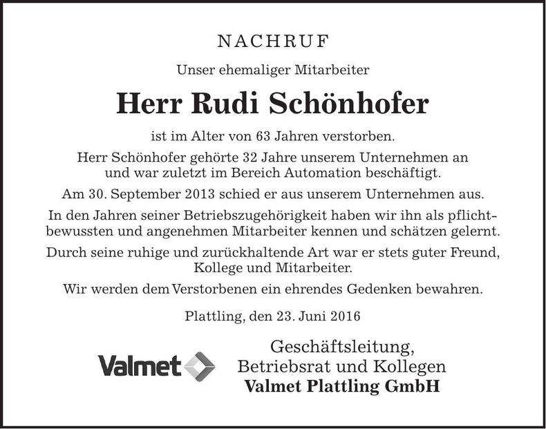 Traueranzeige Rudi Schönhofer