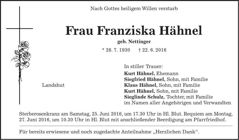 Traueranzeige Franziska Hähnel