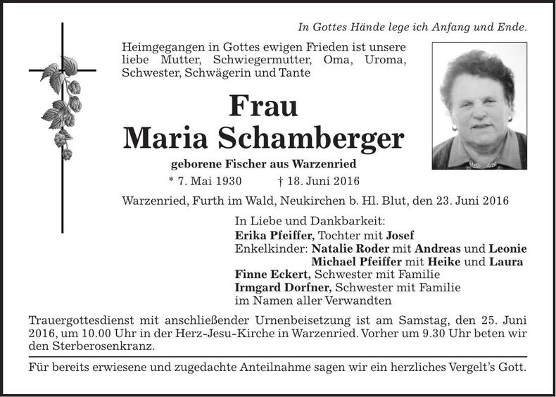 Traueranzeige Maria Schamberger
