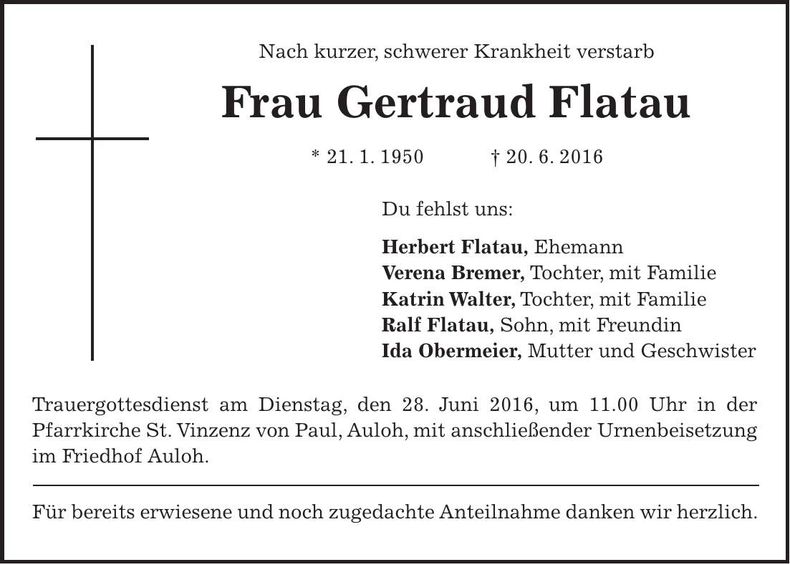 Traueranzeige Gertraud Flatau