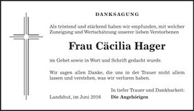 Traueranzeige Cäcilia Hager