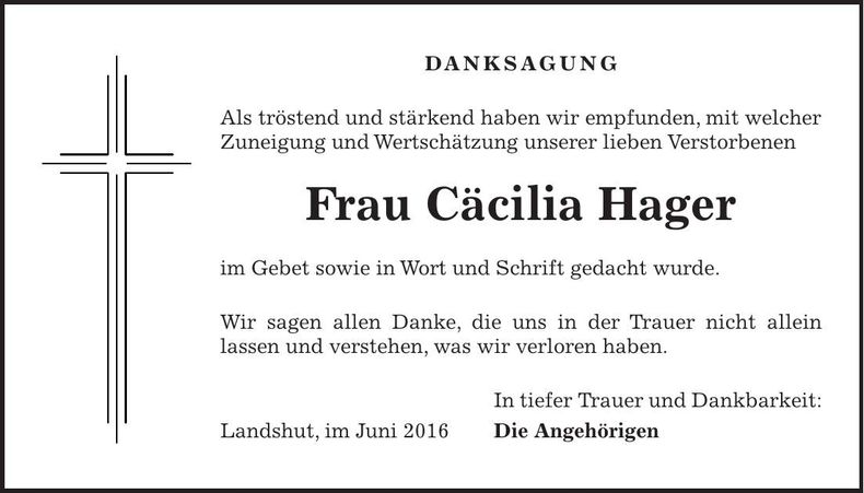Traueranzeige Cäcilia Hager