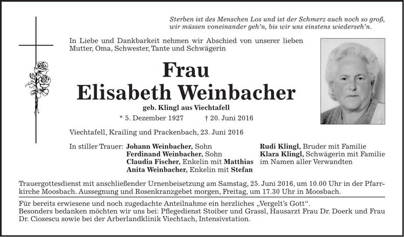 Traueranzeige Elisabeth Weinbacher