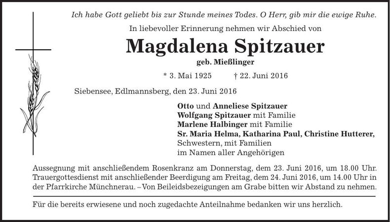 Traueranzeige Magdalena Spitzauer