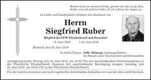 Traueranzeige Siegfried Ruber