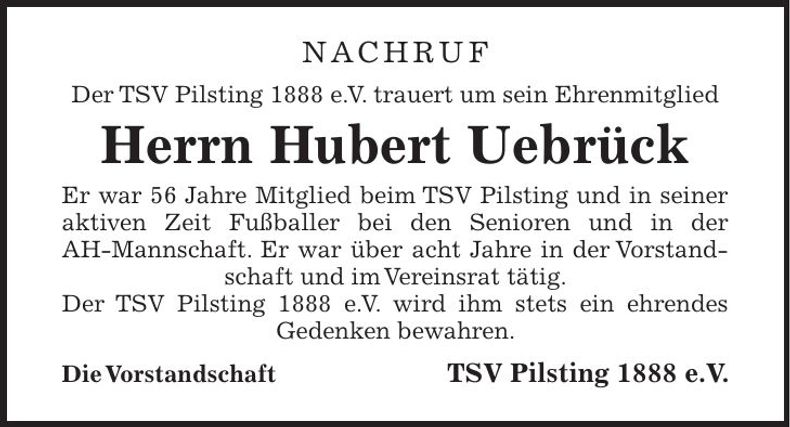 Traueranzeige Hubert Uebrück