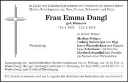 Traueranzeige Emma Dangl