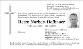 Traueranzeige Norbert Hofbauer