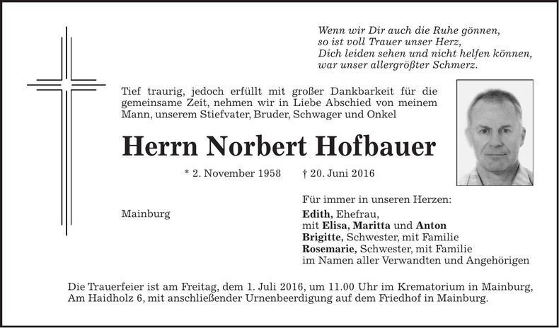 Traueranzeige Norbert Hofbauer