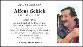 Traueranzeige Alfons Schick