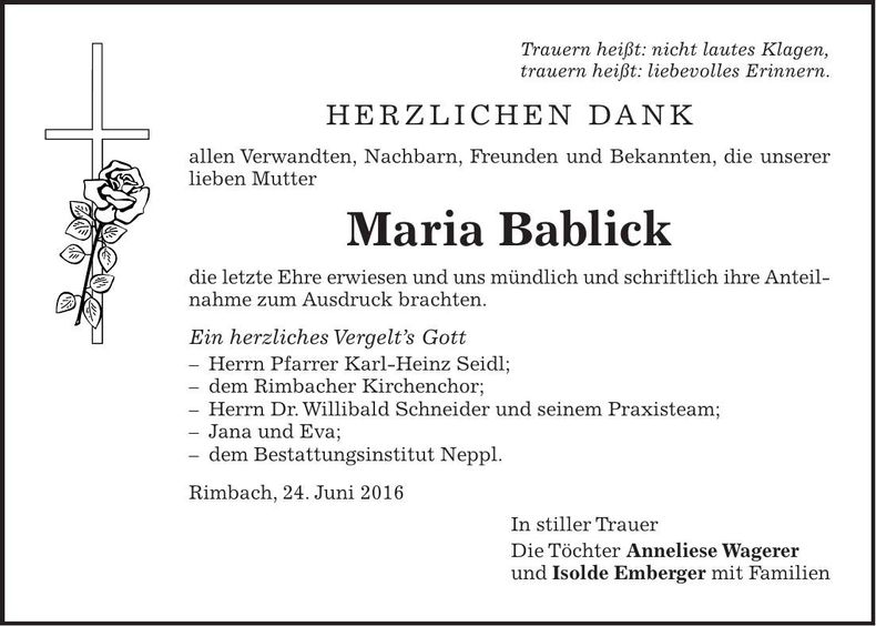 Traueranzeige Maria Bablick