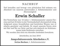 Traueranzeige Erwin Schaller