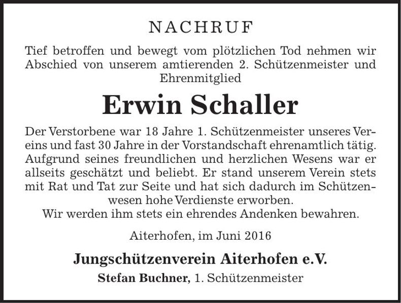 Traueranzeige Erwin Schaller