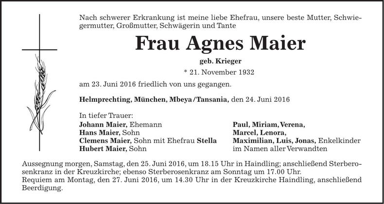 Traueranzeige Agnes Maier