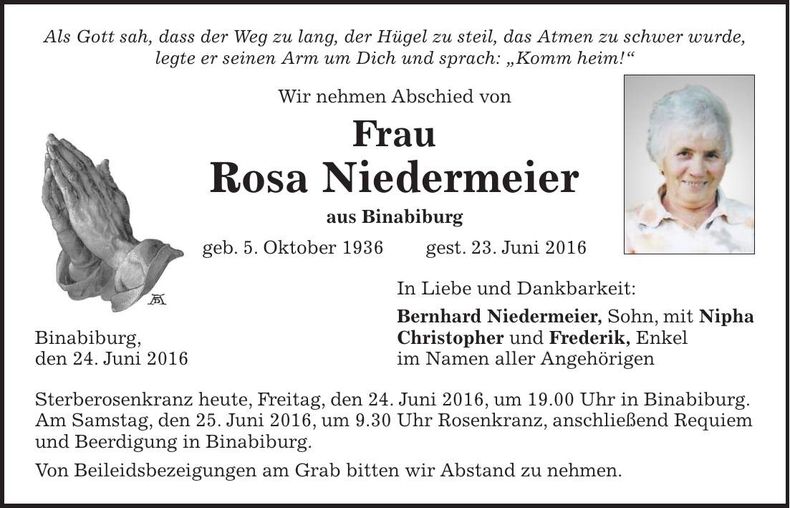 Traueranzeige Rosa Niedermeier