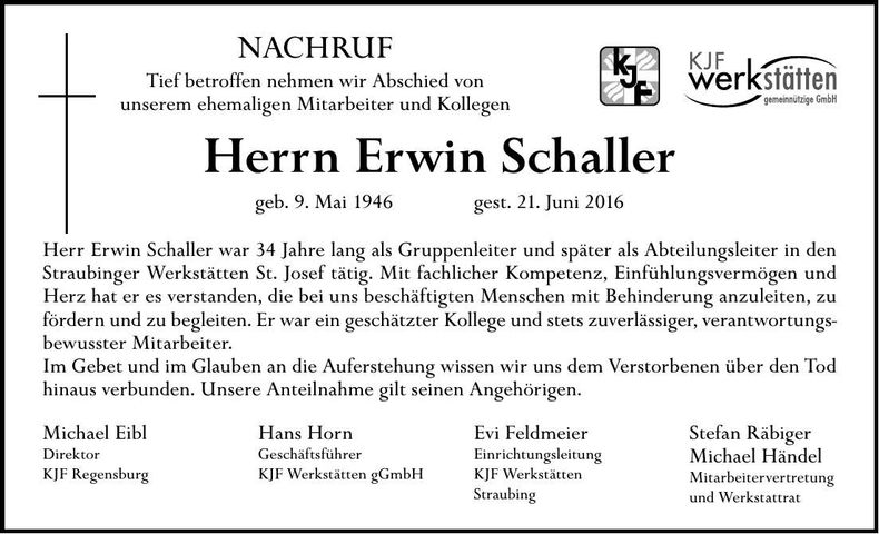 Traueranzeige Erwin Schaller