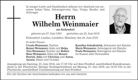 Traueranzeige Wilhelm Weinmaier