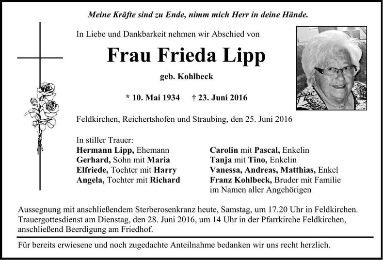 Traueranzeige Frieda Lipp