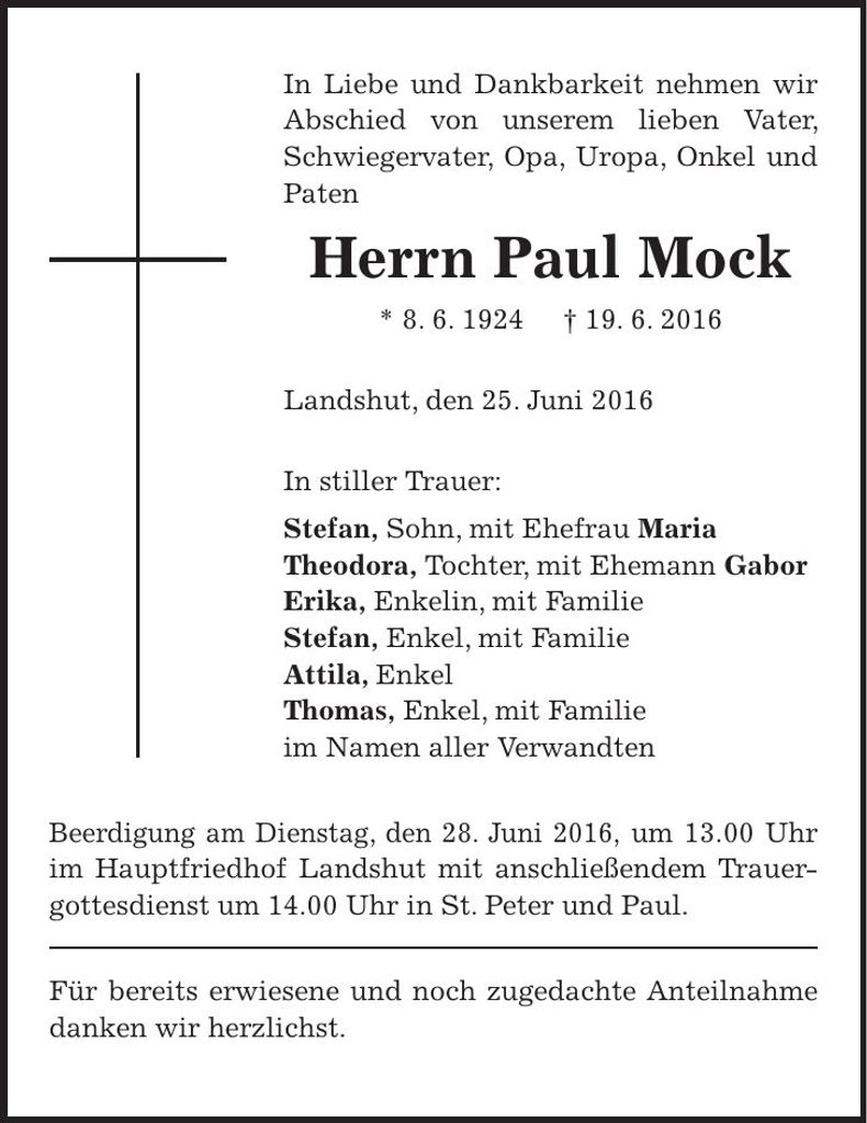 Traueranzeige Paul Mock