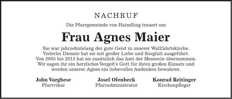 Traueranzeige Agnes Meier