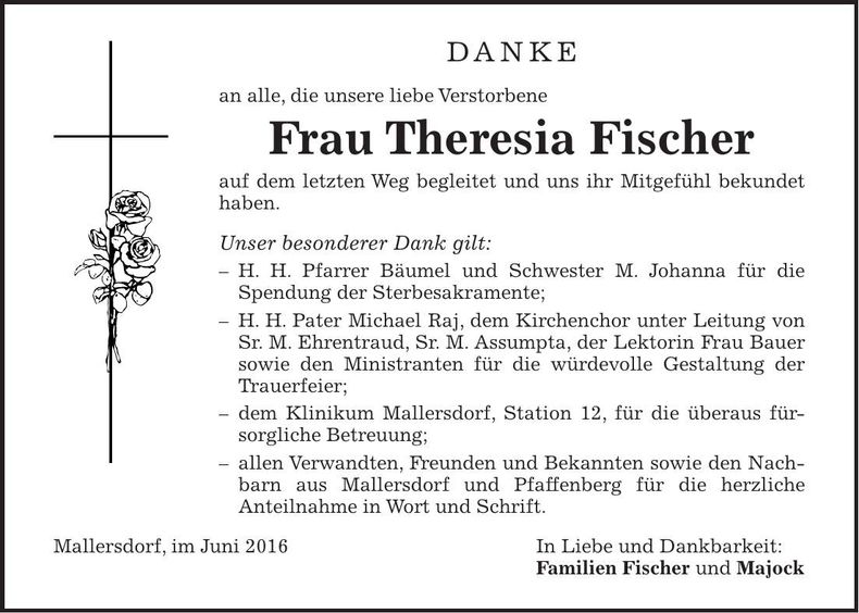 Traueranzeige Theresia Fischer