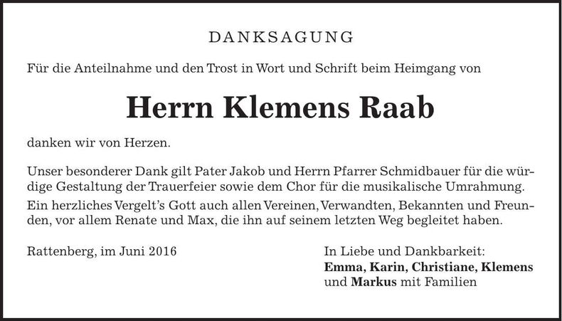 Traueranzeige Klemens Raab