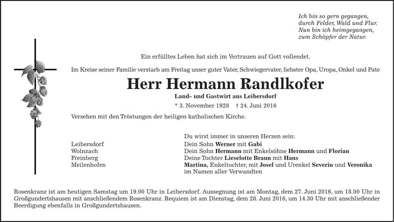 Traueranzeige Hermann Randlkofer