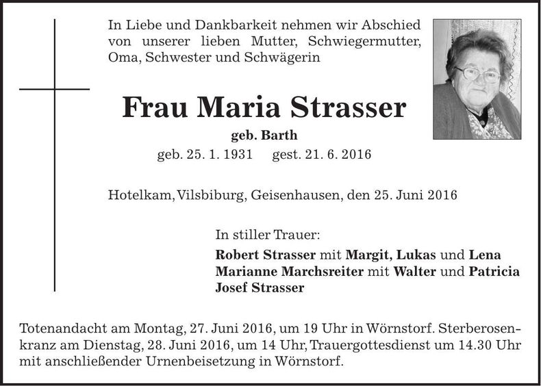 Traueranzeige Maria Strasser