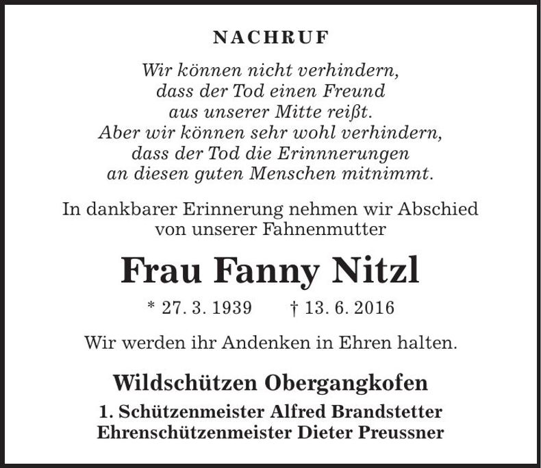 Traueranzeige Fanny Nitzl