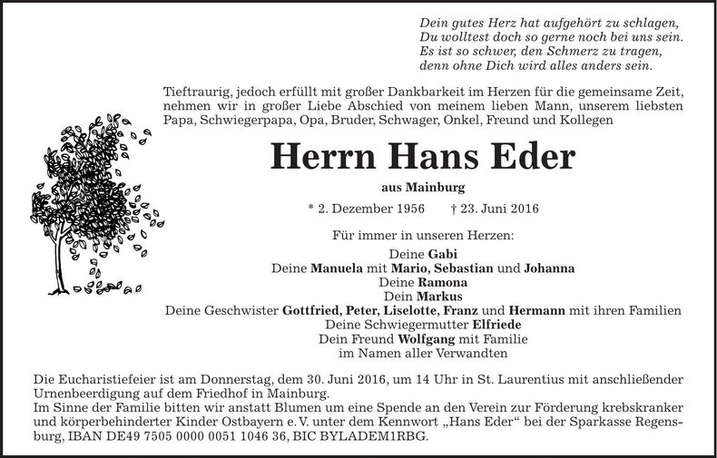 Traueranzeige Eder Hans