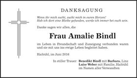 Traueranzeige Amalie Bindl