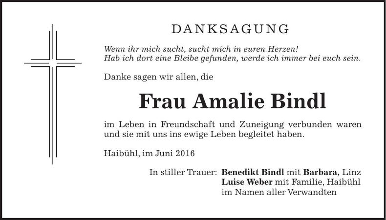 Traueranzeige Amalie Bindl