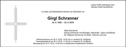 Traueranzeige Girgl Schranner