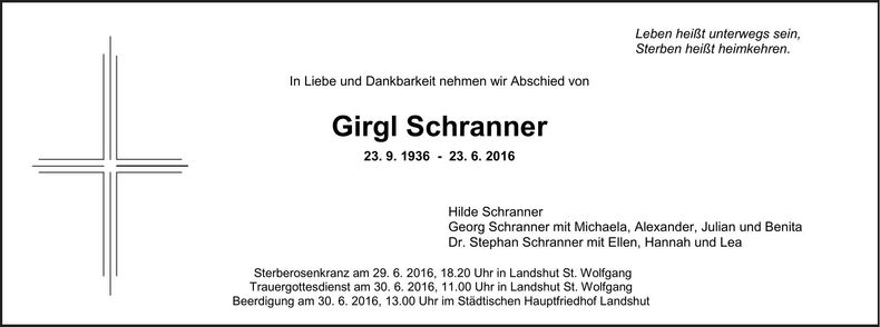 Traueranzeige Girgl Schranner
