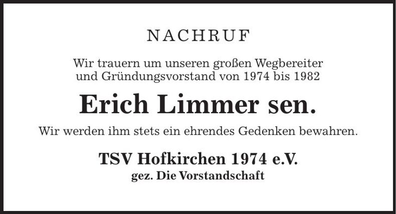 Traueranzeige Erich sen. Limmer