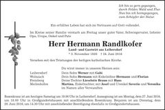 Traueranzeige Hermann Randlkofer